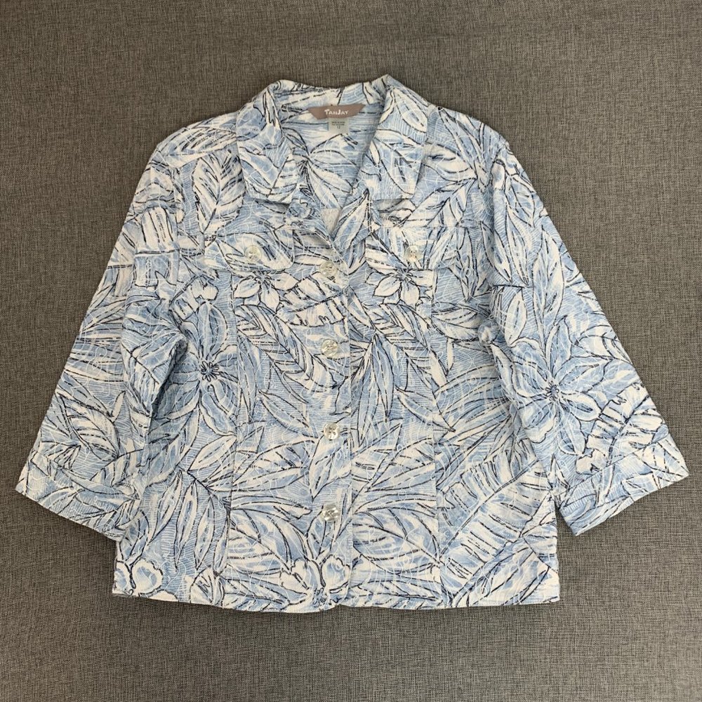 Tanjay Floral Textured Blazer Jacket Sky Blue White 3/4th Sleeves Size 12 Collar